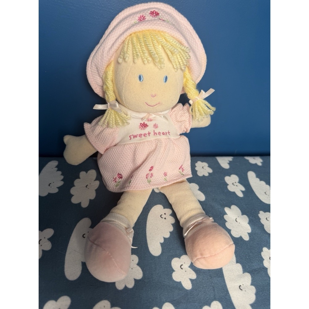 Vintage 2005 Carter's Sweet Heart Rag Doll Blonde Braids Pink Dress Hat Plush